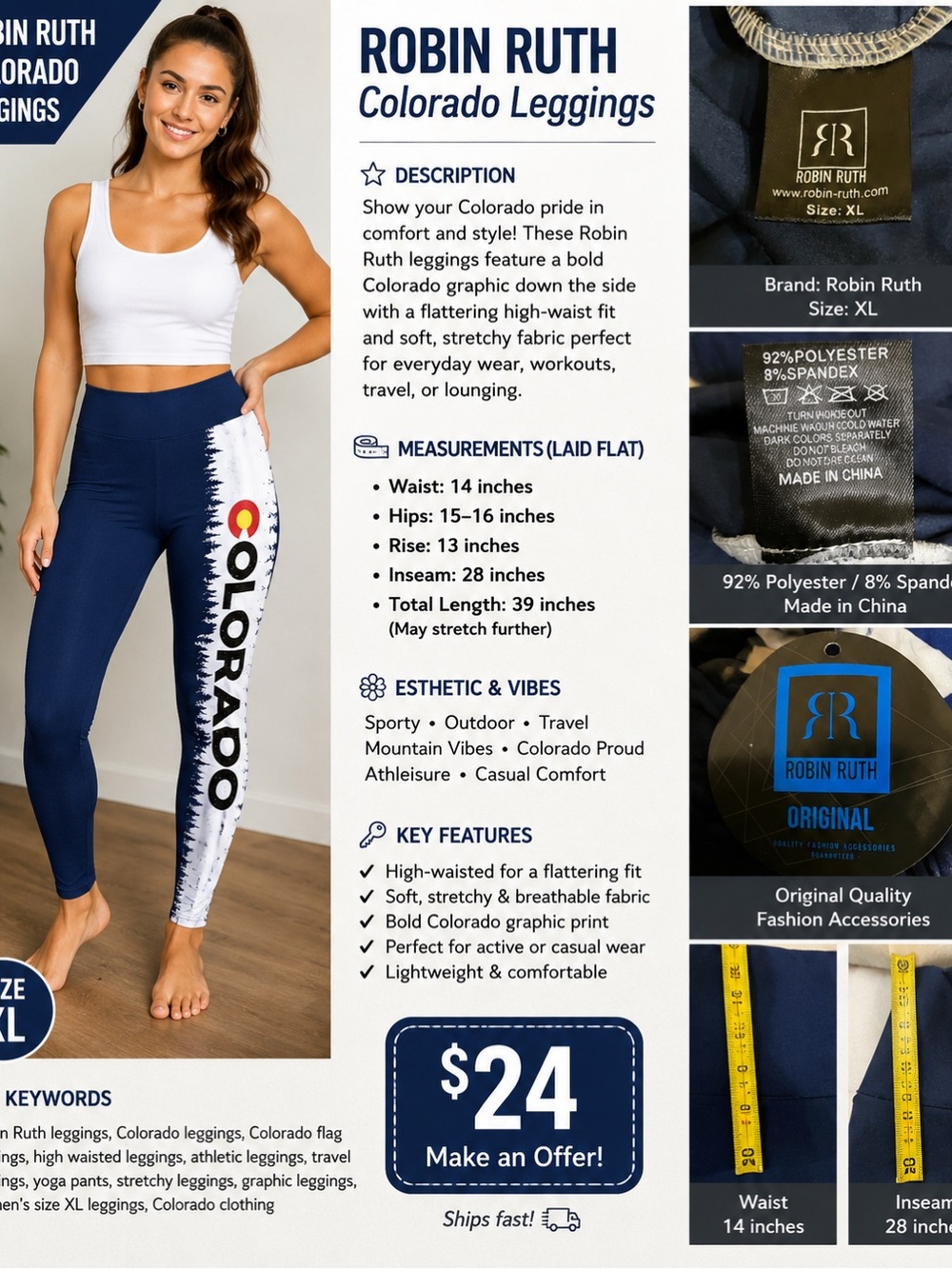 Robin Ruth Navy & White Kids Colorado Leggings with State Print